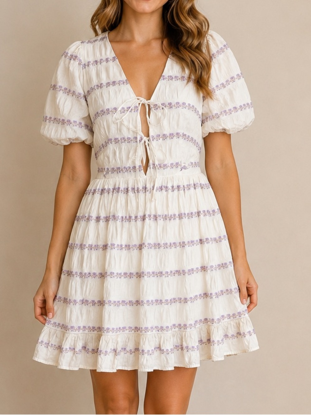 Topshop Puff Sleeve Mini Dress White Lavendar Tie Front Floral Stripe US 10 Boho